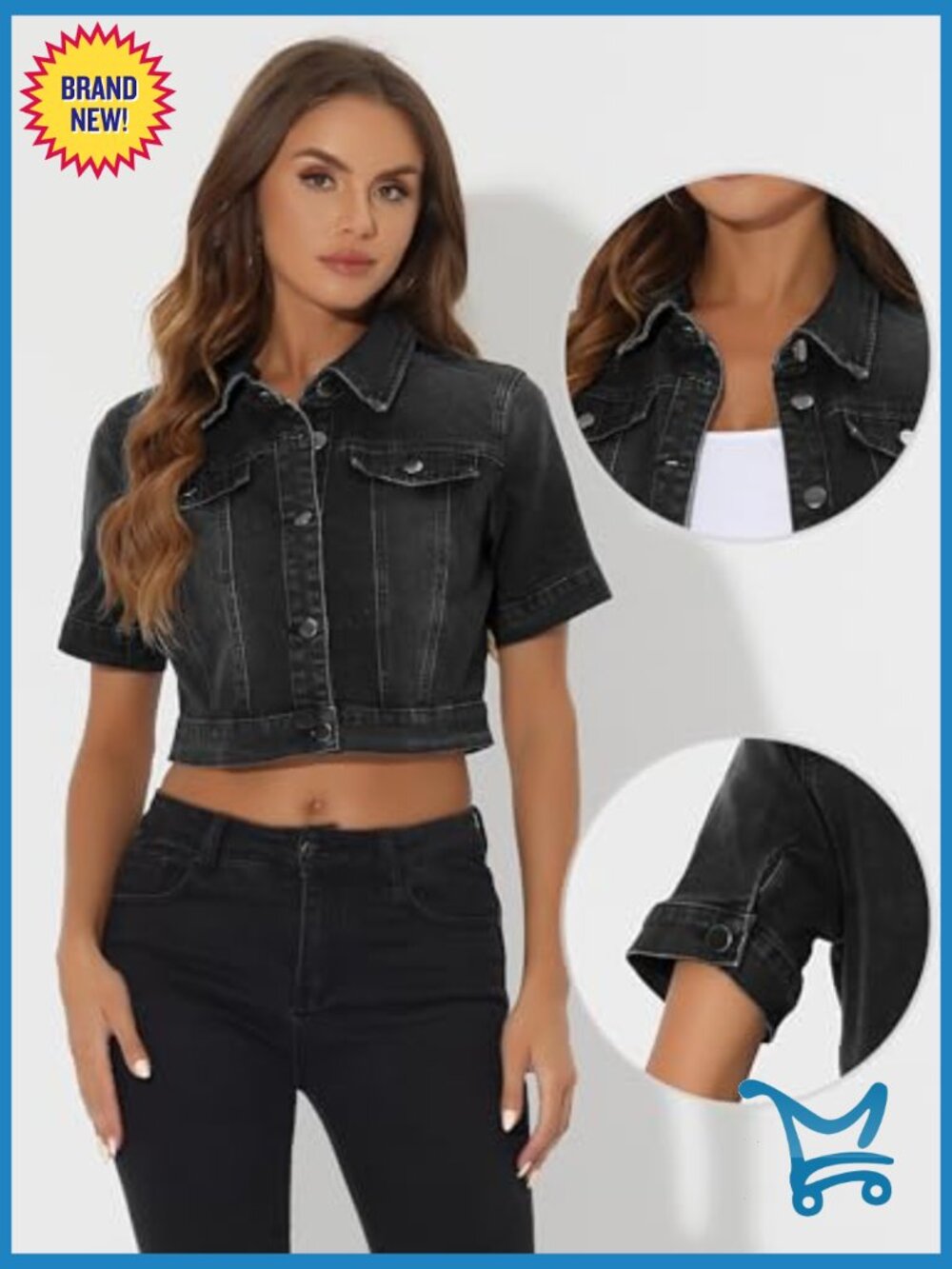 Short Sleeve Crop Denim Jacket Casual Jean Jacket Women - Picture 4 of 6